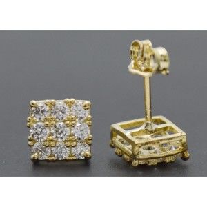 Real 10K Solid Yellow Gold 6.7mm CZ Square Pavé Stud Earrings 1.3gr Men-Women